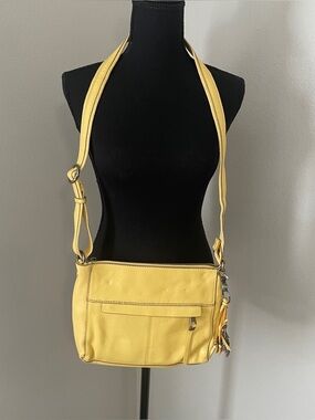 THE SAK Alameda Yellow Pebbled Leather Handbag Crossbody w/ Feather Charms Boho